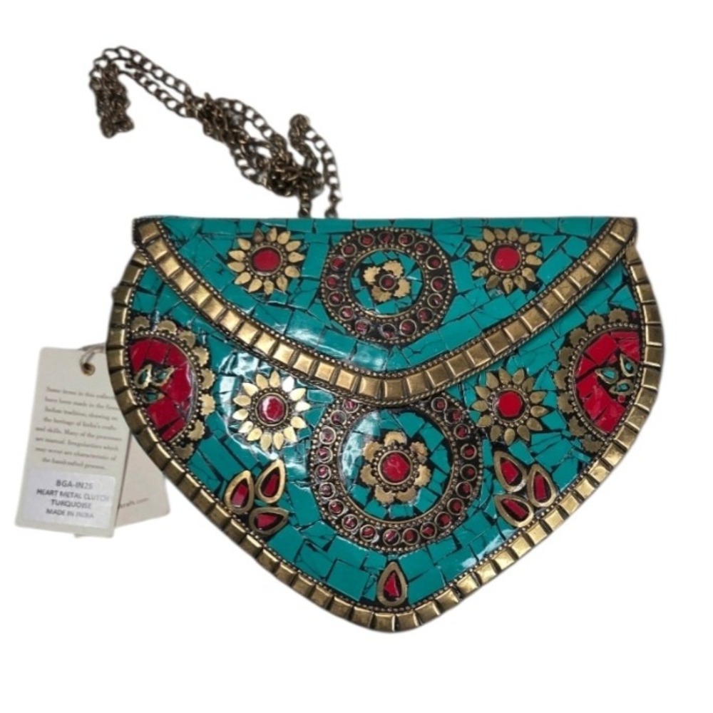 NEW Antik Kraft Womens Turquoise Metal Mosaic Heart Clutch Small Boho Chain Bag
